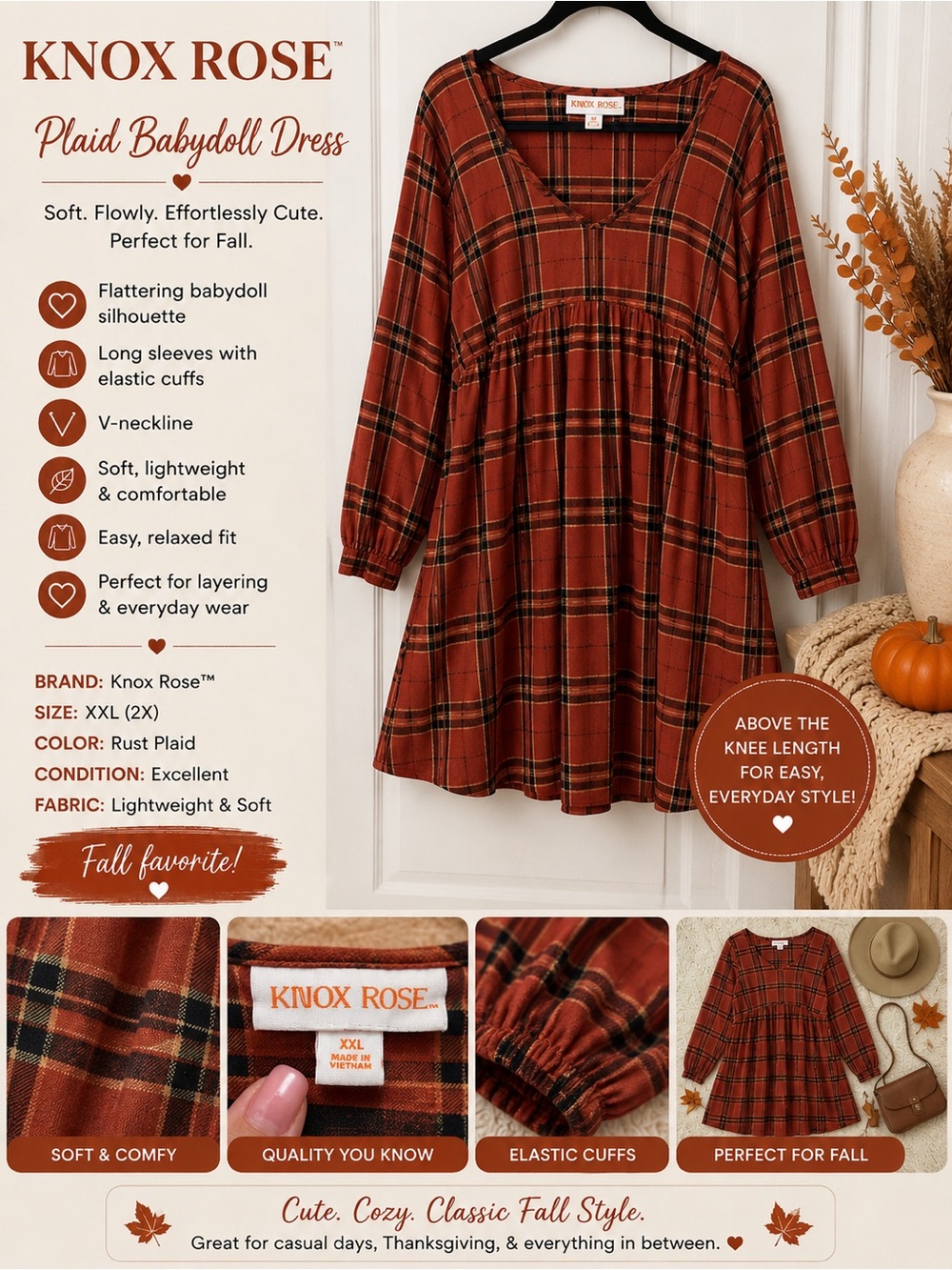 Knox Rose Rust Plaid Babydoll Mini Dress